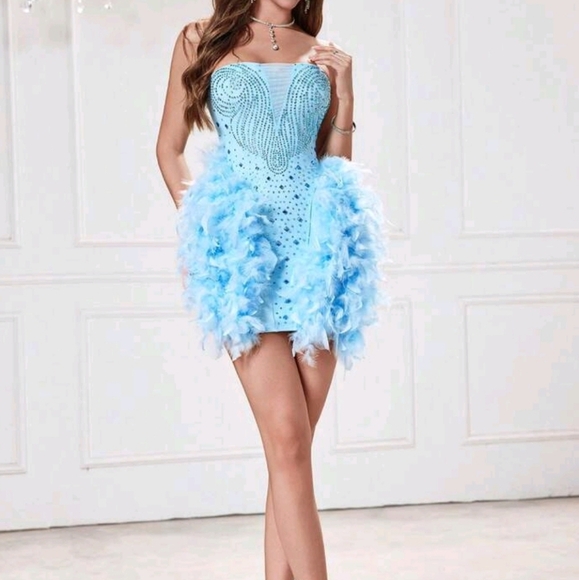 Women's Off Shoulder Cute Mesh Splice Rhinestone Bodycon Mini Dress Homecoming - Picture 2 of 4